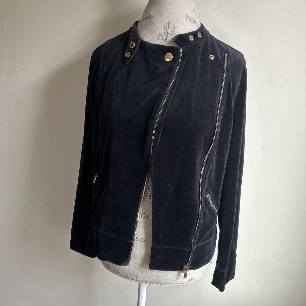 Lauren Ralph Lauren Velour Moto Jacket Womens M Navy Zip Biker Velvet - Picture 11 of 14